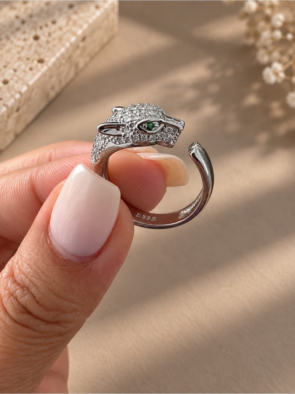 Sterling Silver Panther Ring with Green Eye